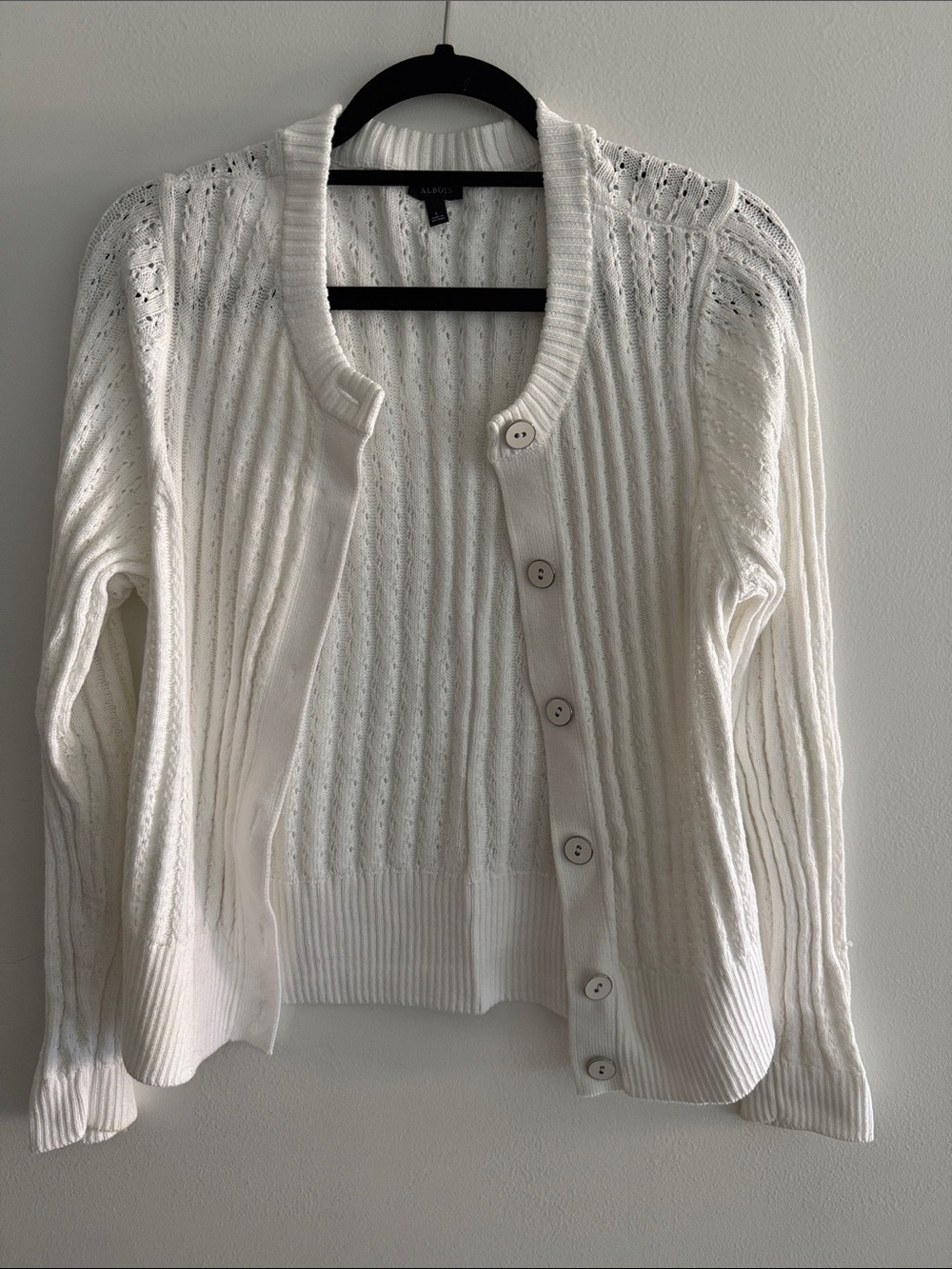 Talbots White Ribbed Eyelet Button Cardigan
